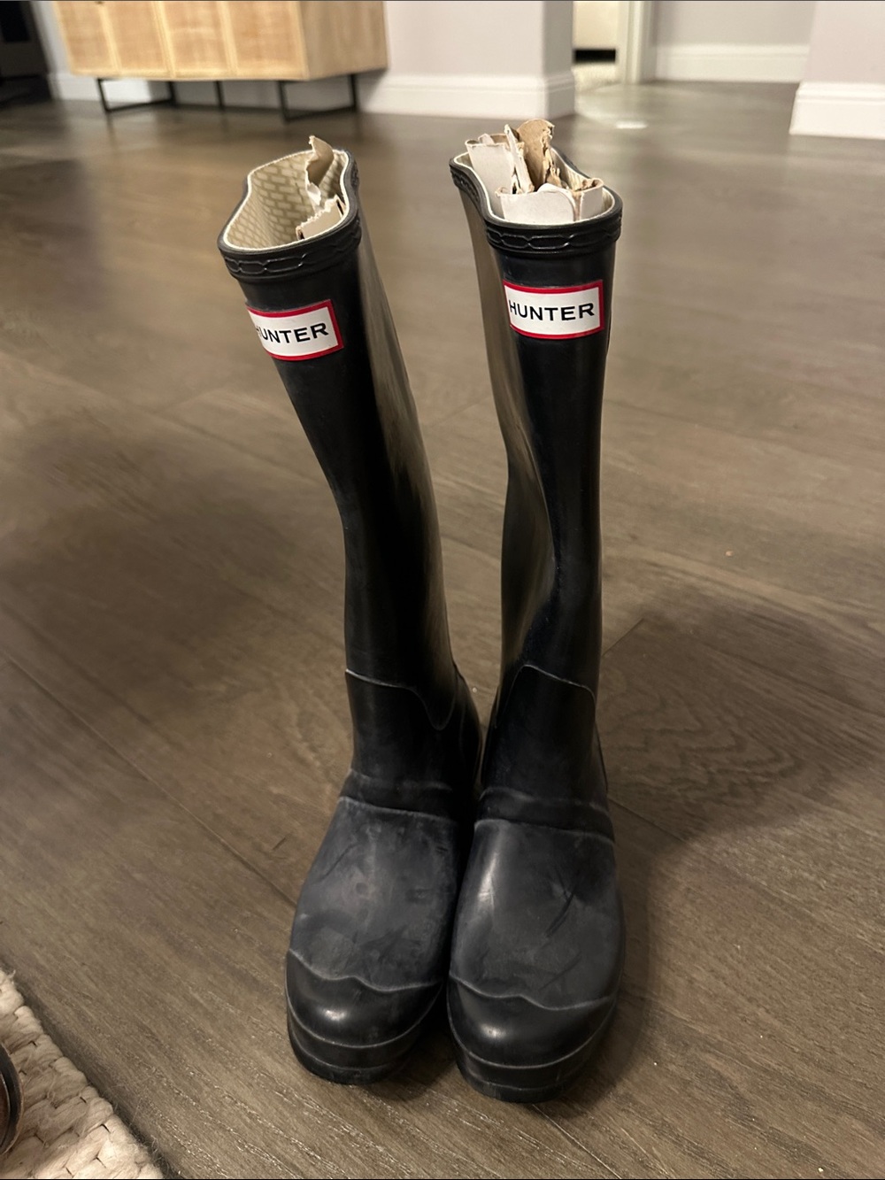 Hunter Black Gloss Tall Rubber Boots with Red Logo Trim
